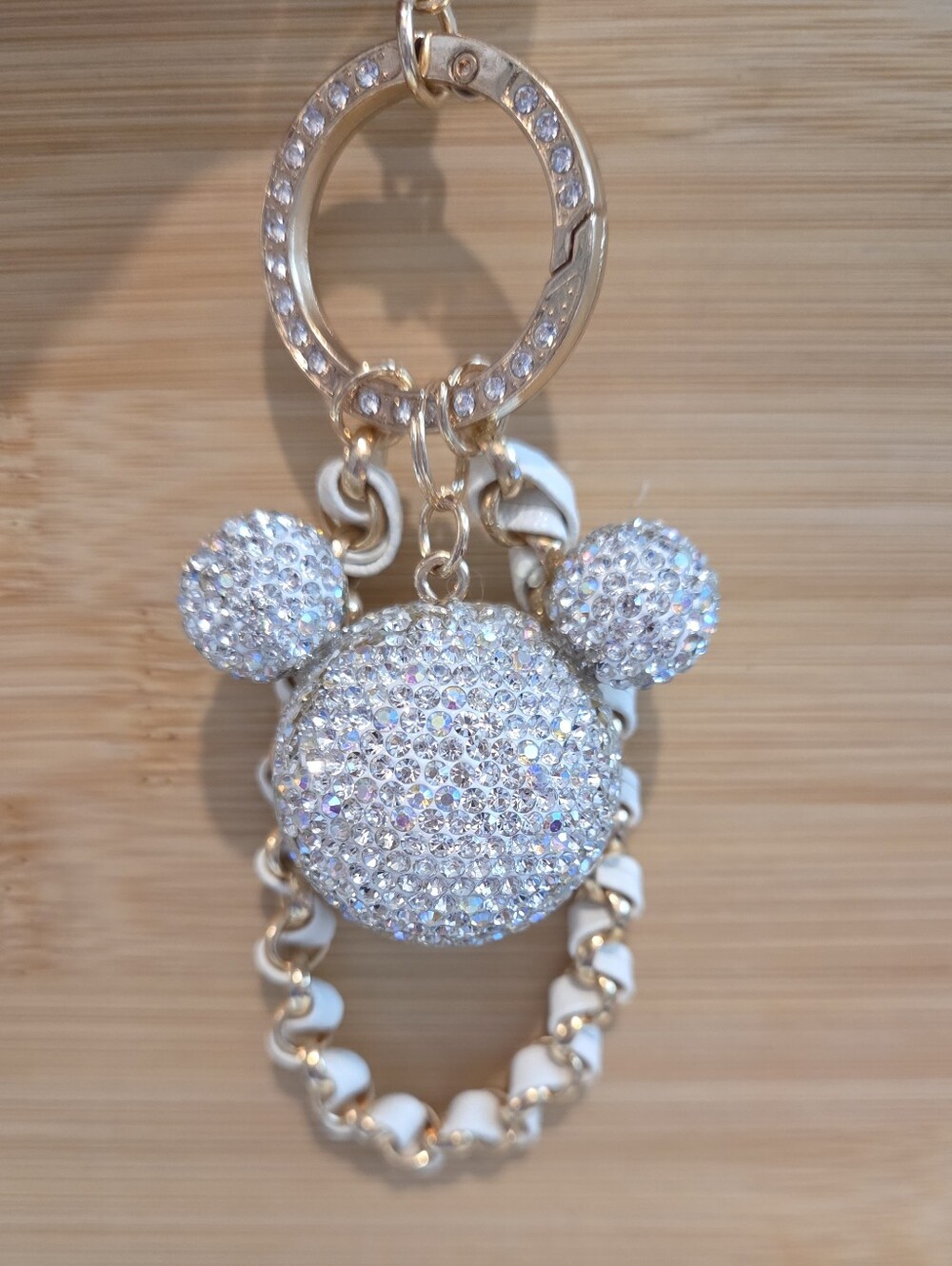 High End Crystal Mouse Silhouette Keychain ✨ White Leather Intertwined Wristlet